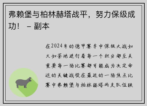 弗赖堡与柏林赫塔战平，努力保级成功！ - 副本